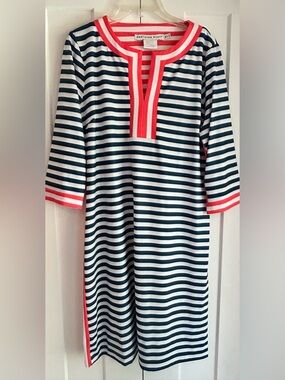 Gretchen Scott Hinckley Navy Striped Jersey Tunic Stretch Dress XL